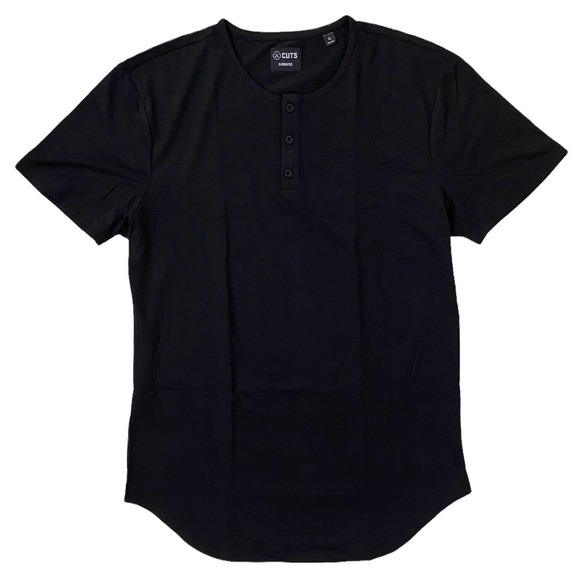 Cuts Clothing Men's Elongated Hem Henley 4 Way Stretch Tee T-Shirt - Black - Picture 1 of 7